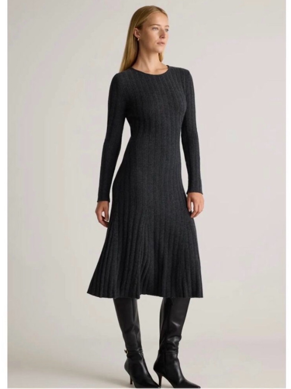 Quince Black Mongolian Cashmere Wide-Rib Midi Dress
